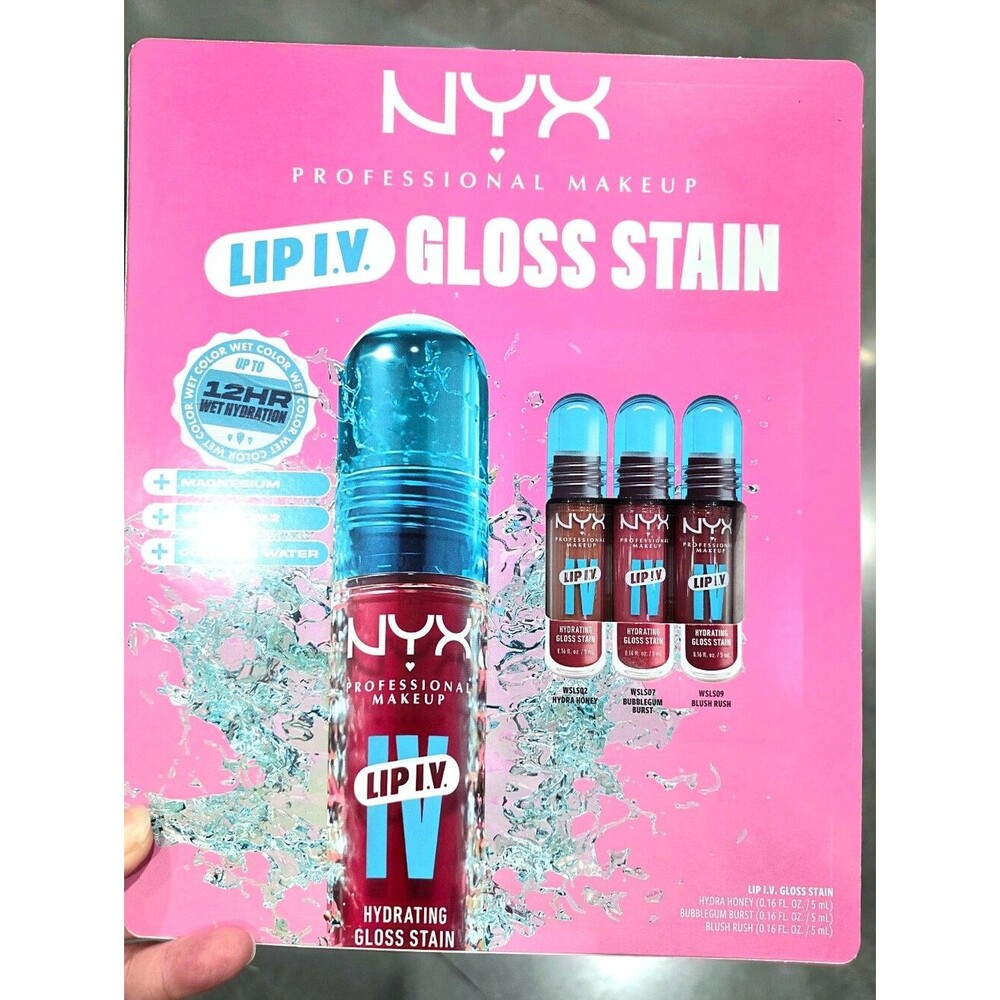 NYX 3pk Lip IV Gloss Stain 12HR Wet Hydration Hydra Honey, Bubblegum, Blush Rush